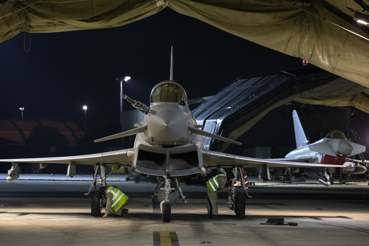 A Royal Air Force Typhoon returning 'clean' - with no air to ground munitions, after a strike against Daesh. 