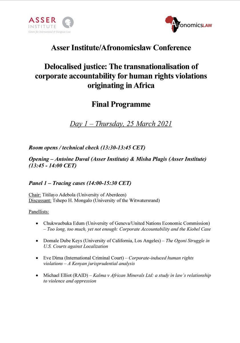 Ant1Duval's tweet photo. Here is the programme for next week’s @TMCAsser/@afronomicslaw conference on ‘Delocalised justice: The transnationalisation of corporate accountability for human rights violations originating in Africa’.

Register at https://t.co/PvdRlRmslE

#TWAIL #Bizhumanright #Kiobel #Vedanta https://t.co/3Di1UiPmFu
