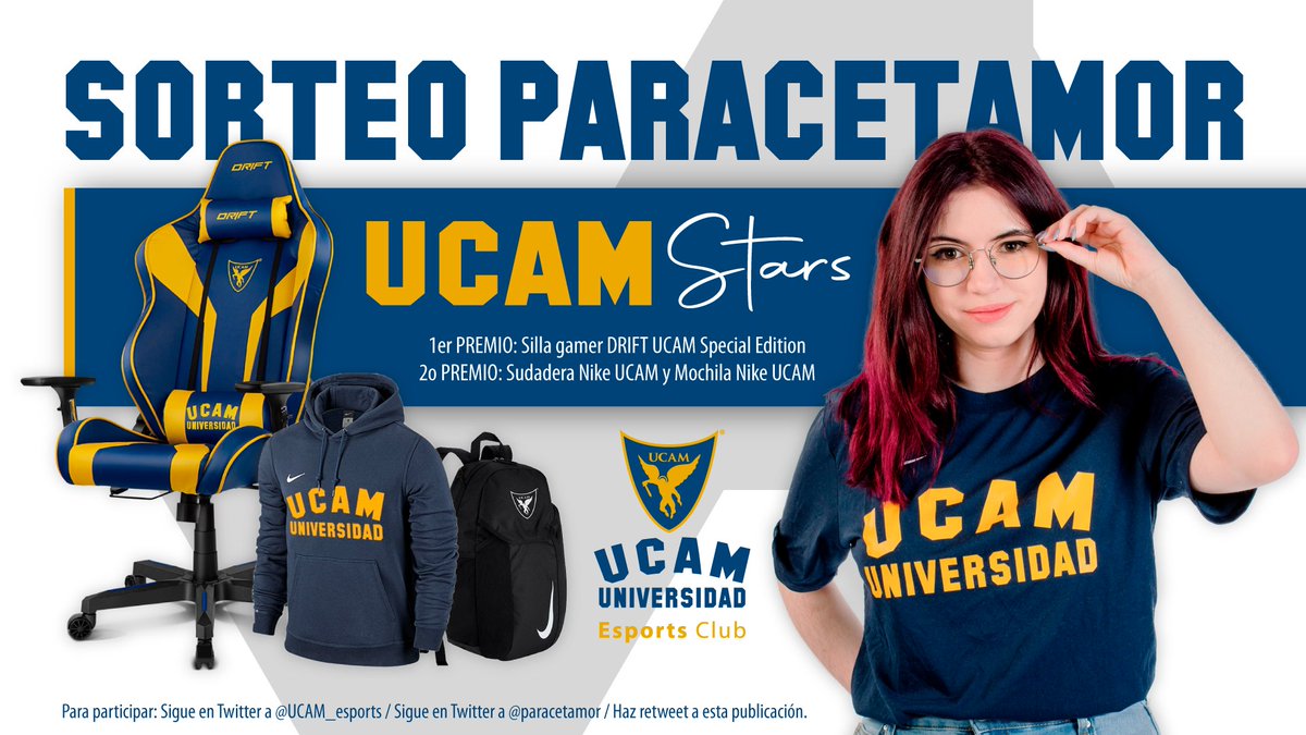 🌟Sorteo UCAM Stars🌟

1º premio🏆: Silla gamer DRIFT edición UCAM
2º premio🥈: Sudadera + mochila Nike UCAM

Para participar:
🟩 RT a este tweet
❤️ Seguirme <a href="/paracetamor/">Paracetamor</a>
💙 Seguir a <a href="/UCAM_esports/">UCAM Esports</a>

Acaba el 25-03 (próximo jueves)