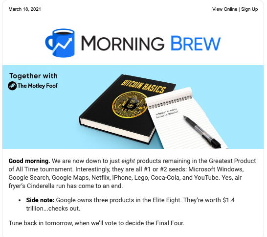 JamesByrnebrand's tweet photo. The newsletter from @MorningBrew is fast becoming my favourite - today the eight greatest products of all time, @Snapchat's partnership with @Fit_Analytics and I always love the three headlines and a lie section. #morningbrew #newsletter #businessnews #snap #fitanalytics https://t.co/nHUxysNQ5n