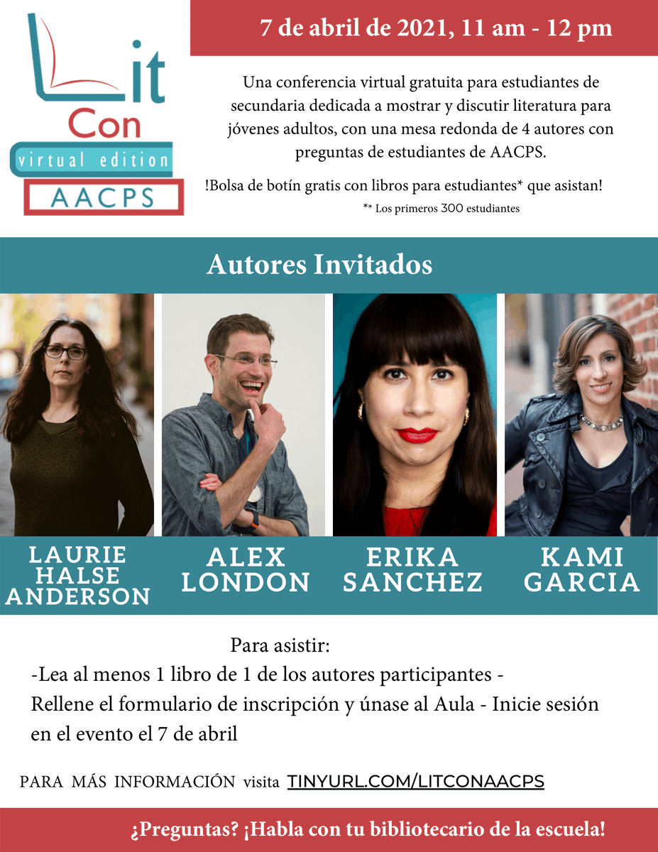 A virtual author experience just for AACPS high school students is coming soon. Four award-winning authors will join us for a panel discussion and answer your questions on Wednesday, April 7. Visit the website (tinyurl.com/litconaacps) for more information or contact Mrs. Blum.