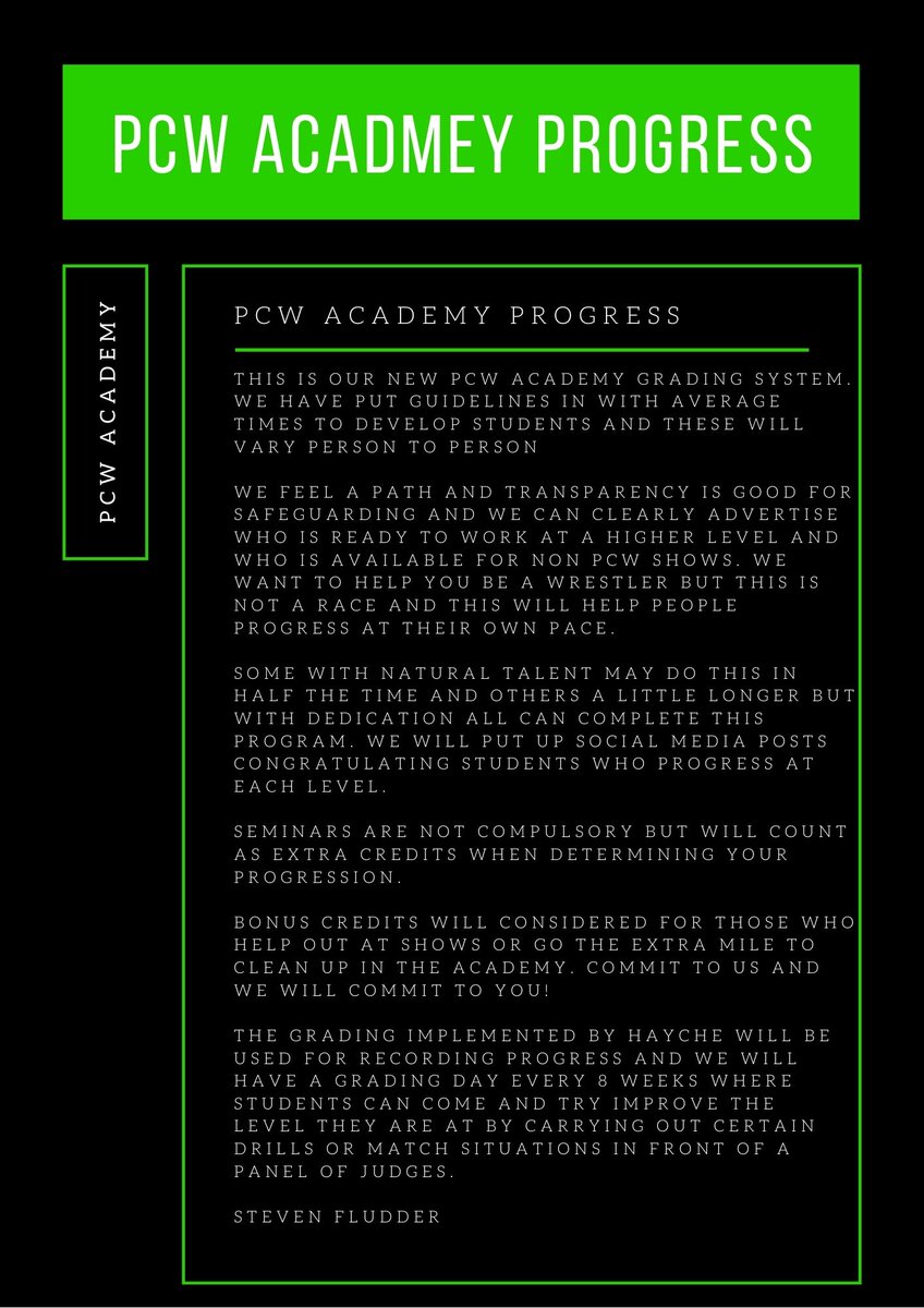 PCW_UK's tweet image. We want to evolve how we develop wrestlers in the @PCWacademy . This includes giving our students a clear path to success with our new grading process. This will show effort and achievement and also limit risk. Times frames are approximate but we are confident in this.