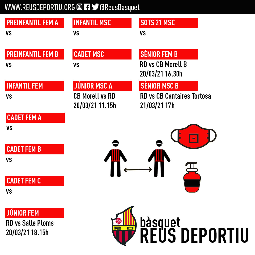 ReusBasquet (@reusbasquet) on Twitter photo Torna el bàsquet al nostre Pavelló
🗓️20/03/21
Sènior femení B, 16.30h
🆚<a href="/cbmorell/">cbmorell</a>
Júnior femení A, 18.15h
🆚<a href="/plomssallereus/">Bàsquet Ploms Salle Reus</a>
🗓️21/03/21
Sènior masculí B, 17h
🆚<a href="/cbcantaires/">CB Cantaires Tortosa</a>
A fora
🗓️20/03/21
Júnior masculí A, 11.15h
🆚<a href="/cbmorell/">cbmorell</a>
❤️🖤#ForçaReus Torna el bàsquet al nostre Pavelló
🗓️20/03/21
Sènior femení B, 16.30h
🆚<a href="/cbmorell/">cbmorell</a>
Júnior femení A, 18.15h
🆚<a href="/plomssallereus/">Bàsquet Ploms Salle Reus</a>
🗓️21/03/21
Sènior masculí B, 17h
🆚<a href="/cbcantaires/">CB Cantaires Tortosa</a>
A fora
🗓️20/03/21
Júnior masculí A, 11.15h
🆚<a href="/cbmorell/">cbmorell</a>
❤️🖤#ForçaReus