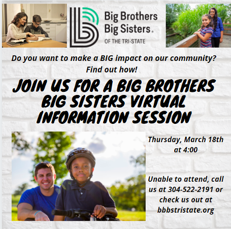 Marshallpsych's tweet photo. Big Brothers &amp; Big Sisters is hosting a virtual information session TODAY, March 18th at 4pm. If you are interested in volunteering with Big Brothers &amp; Big Sisters, please stop by to learn more! 

Meeting link: https://t.co/64ootfSlX4
Meeting ID: 874 3813 3615 https://t.co/Mm7axgEIWW