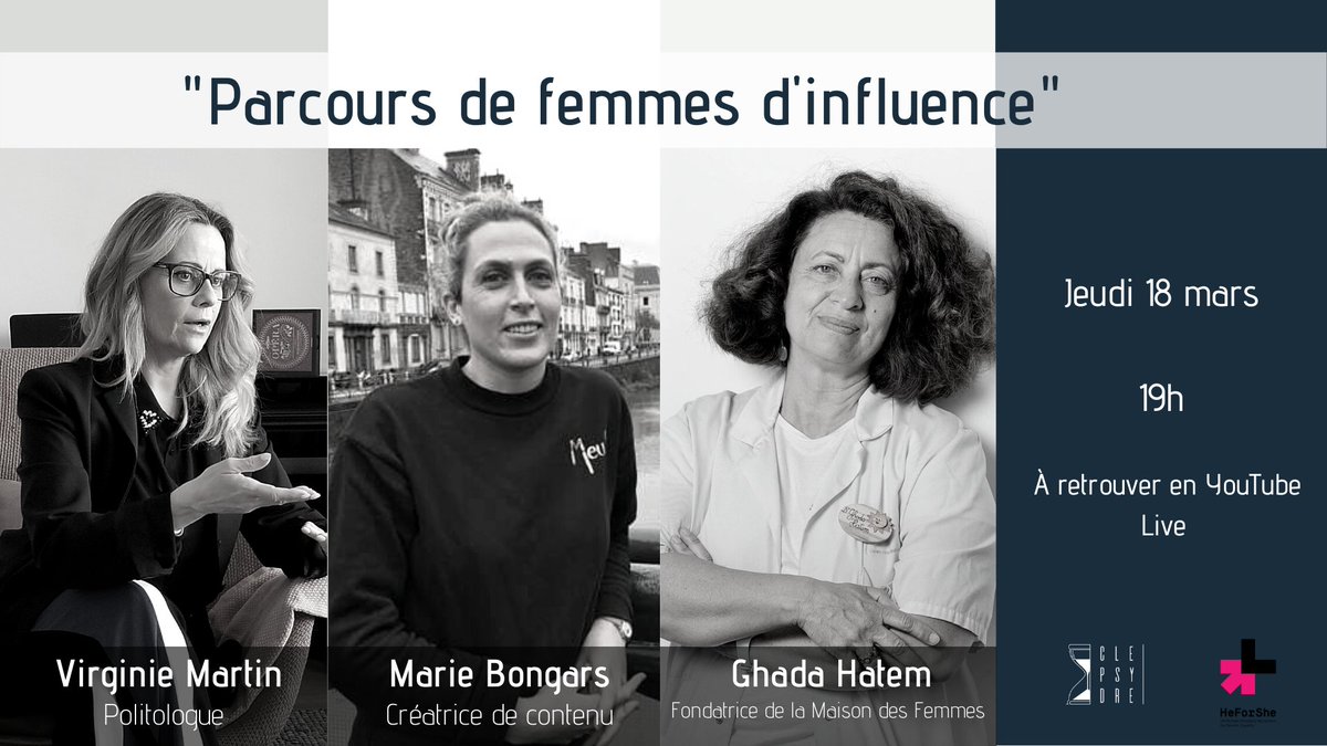ClepsydreKedge's tweet image. A l’occasion de la journée internationale des droits des femmes, Clepsydre s’unit à @HeForSheKBSM pour vous proposer une conférence intitulée « Parcours de femmes d’influence ».

Rendez-vous aujourd’hui à 19h en live sur Youtube via le lien ci-dessous :
youtube.com/watch?v=0dX8yO…