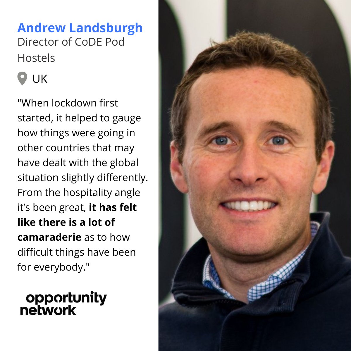 OpportNetwork's tweet image. Andrew Landsburgh, Director of @codepodhostels and @OpportNetwork member, has used the platform to keep in contact across the globe so he can stay up to date with what is happening next in the hospitality industry.
Read Andrew’s story here: bit.ly/3cOqwYu
