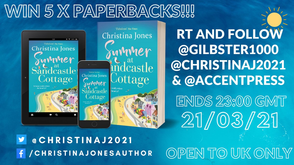 Giveaway Time!!! I have 5 x PB copies of Summer at Sandcastle Cottage to #giveaway. To #Win please Follow @gilbster1000, @ChristinaJ2021 & @AccentPress & RT. (No Quote RTs). Open to UK Only. Closes 23:00 GMT 21/3/21 Or Buy here: smarturl.it/SummeratSandca… #bookprize #bookworm