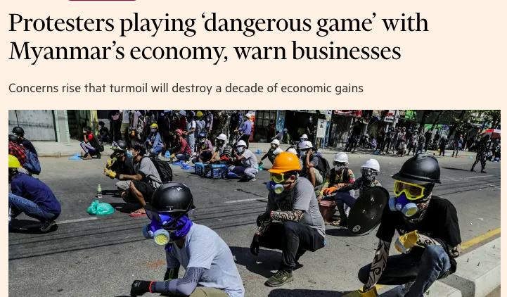 This headline is GARBAGE. 

<a href="/FT/">Financial Times</a>, do you understand what the military junta does to an economy? You're blaming heroes for doing everything they can to save their country and, incidentally, the economy. 

This headline is a disservice to the people of #Myanmar. For shame.
