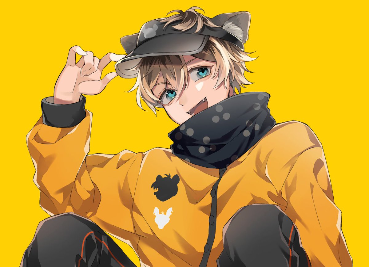 1boy male focus animal ears solo yellow background smile black pants  illustration images