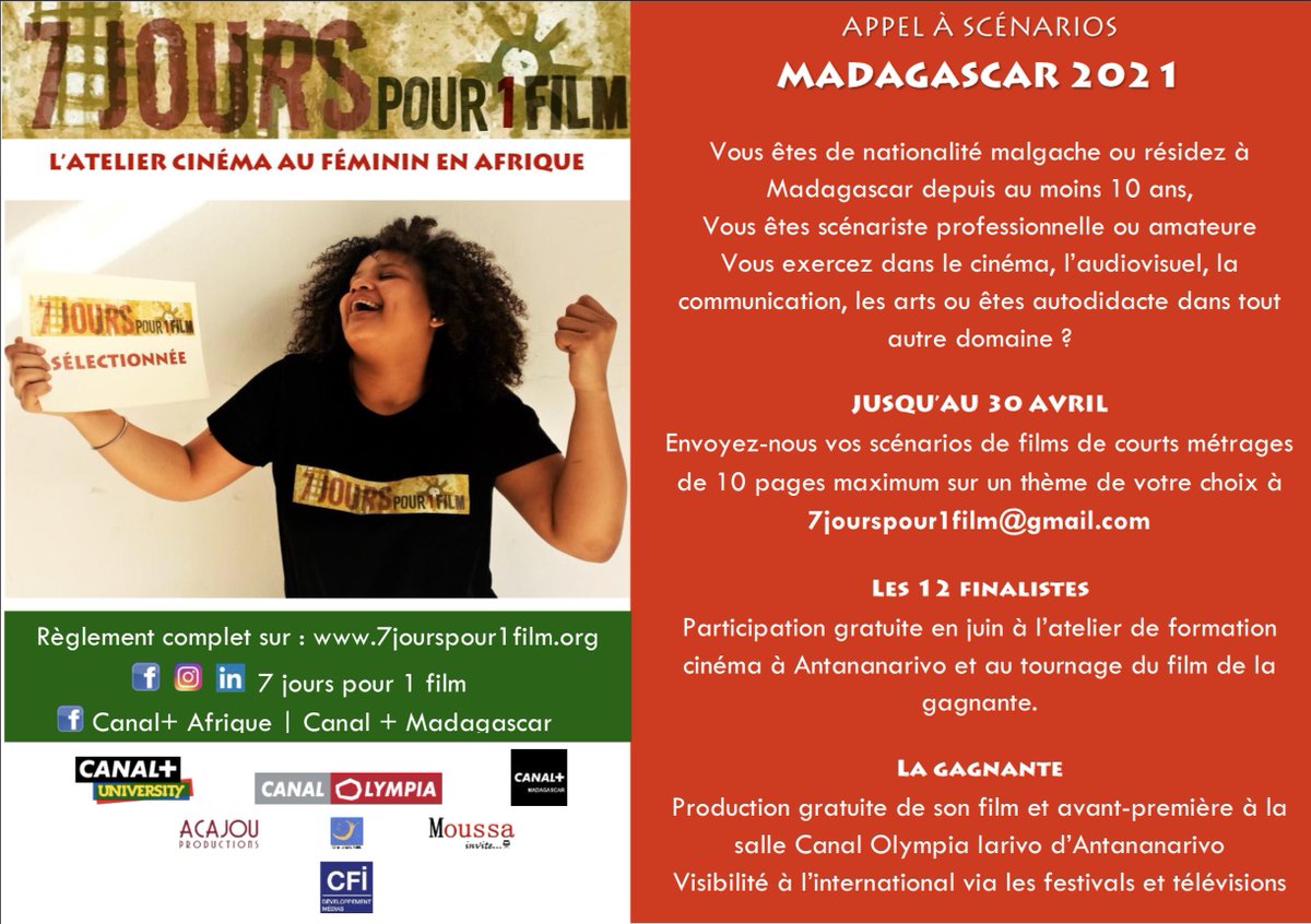 Après le Burkina Faso, Le Togo, Le Sénégal et le Bénin, l'opération #7jourspour1film , destinée aux femmes désirant être plus actives dans le cinéma en Afrique, met le cap sur Madagascar 🇲🇬😍
Appel à scénarios ouvert jusqu'au 30 avril ! 
Règlement sur : 7jourspour1film.org/editions/madag…