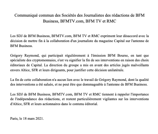 Les SDJ du groupe Next (@BfmSdj, @sdjbfmtv, @RmcSdj) s'associent pour exprimer leur désaccord avec la décision de mettre fin à la collaboration d'un journaliste de Capital sur l'antenne de BFM Business.