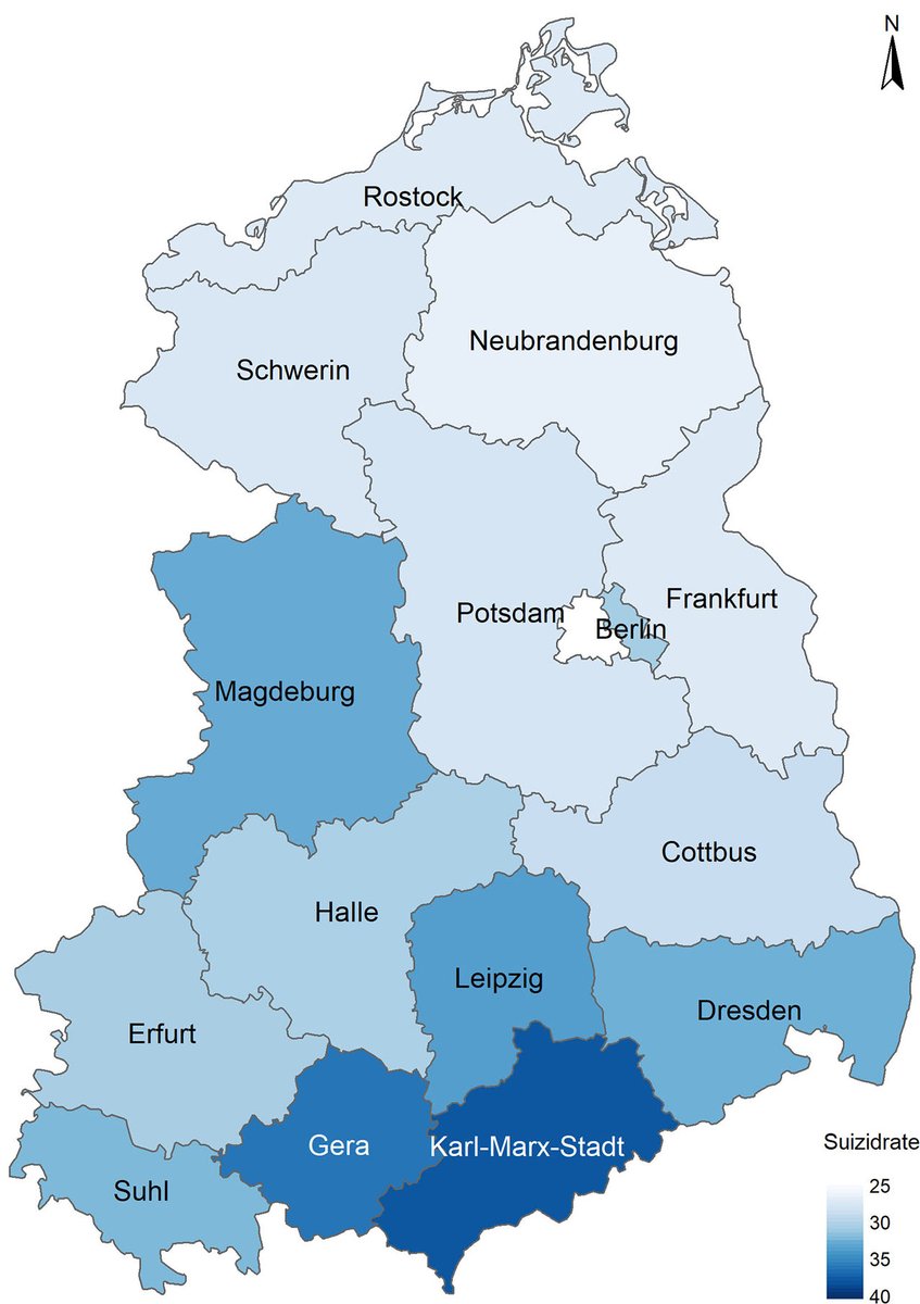 DemographyNet's tweet image. Ellen von den Driesch erhält den Preis „Beste #Dissertation im Bereich #Demographie 2021“. Die Diss. zeigt bislang unveröffentlichte Daten zu einem totgeschwiegenen Thema in der #DDR. Abb.: Regionale Variation in der #Suizidrate (pro 100.000) 1952-1990, DDR. @WZB_Berlin @bib_bund