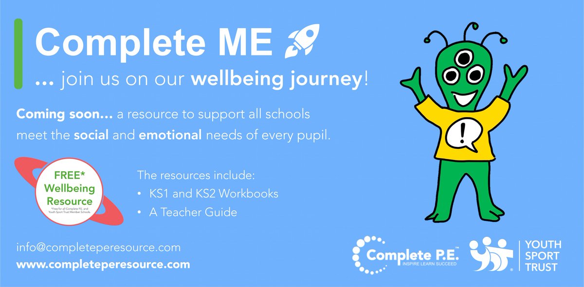 Complete_PE's tweet image. 🚀 Join us on our wellbeing journey!

A new resource to support all schools meet the social and emotional needs of every pupil. 

#CompleteME is coming soon! 👽🚀🪐