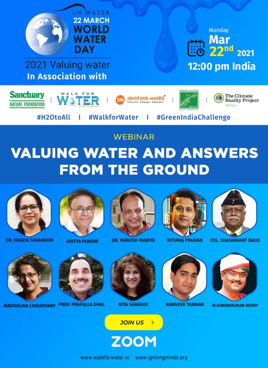 World water day 2021 , valuing water and answers from the ground #waterliteracy #walkforwater #greenindiachallenge @ClimateReality @AdityaPundir2 @riturajphukan climatereality.zoom.us/webinar/regist…