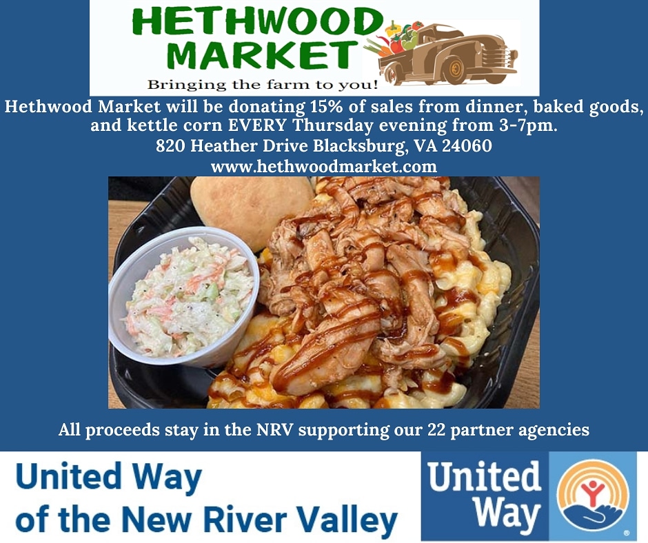 Be sure to visit #HethwoodMarket in Blacksburg Thursday evening from 3-7p! 15% of sales from dinner, baked goods, and kettle corn will be donated to #UnitedWayNRV 
Order online for fast and easy pickup at:
direct.chownow.com/order/19881/lo…
#shoplocal #supportlocal #hethwoodmarket