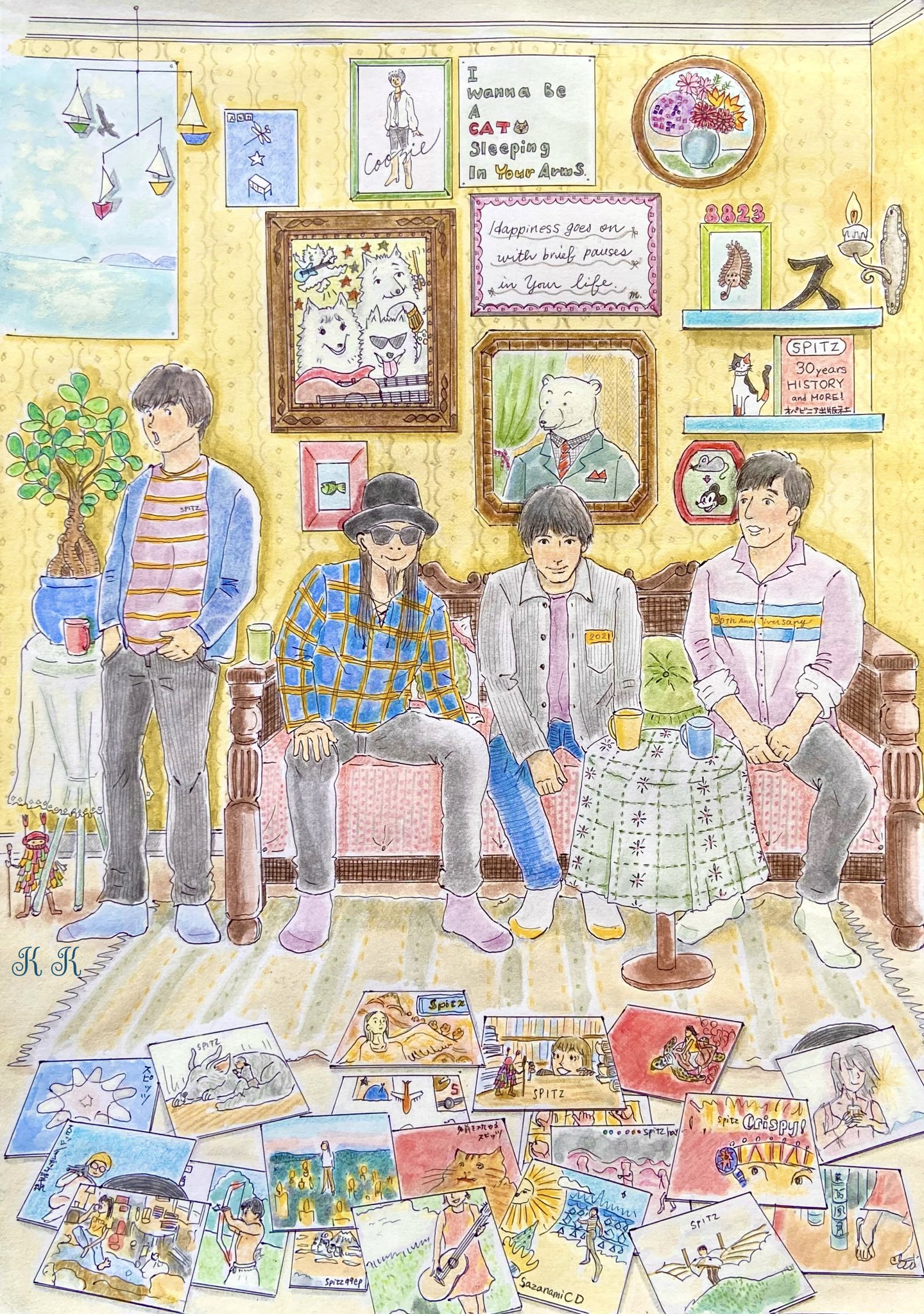 猫ちわわ 勝手にスピッツ デビュー30周年記念企画 第3弾 このシリーズはこれで最後です 大好きなスピッツのめでたいお祝いにウキウキしながら描きました あと1週間 カウントダウンを楽しみます スピッツ スピッツ325 スピッツイラスト