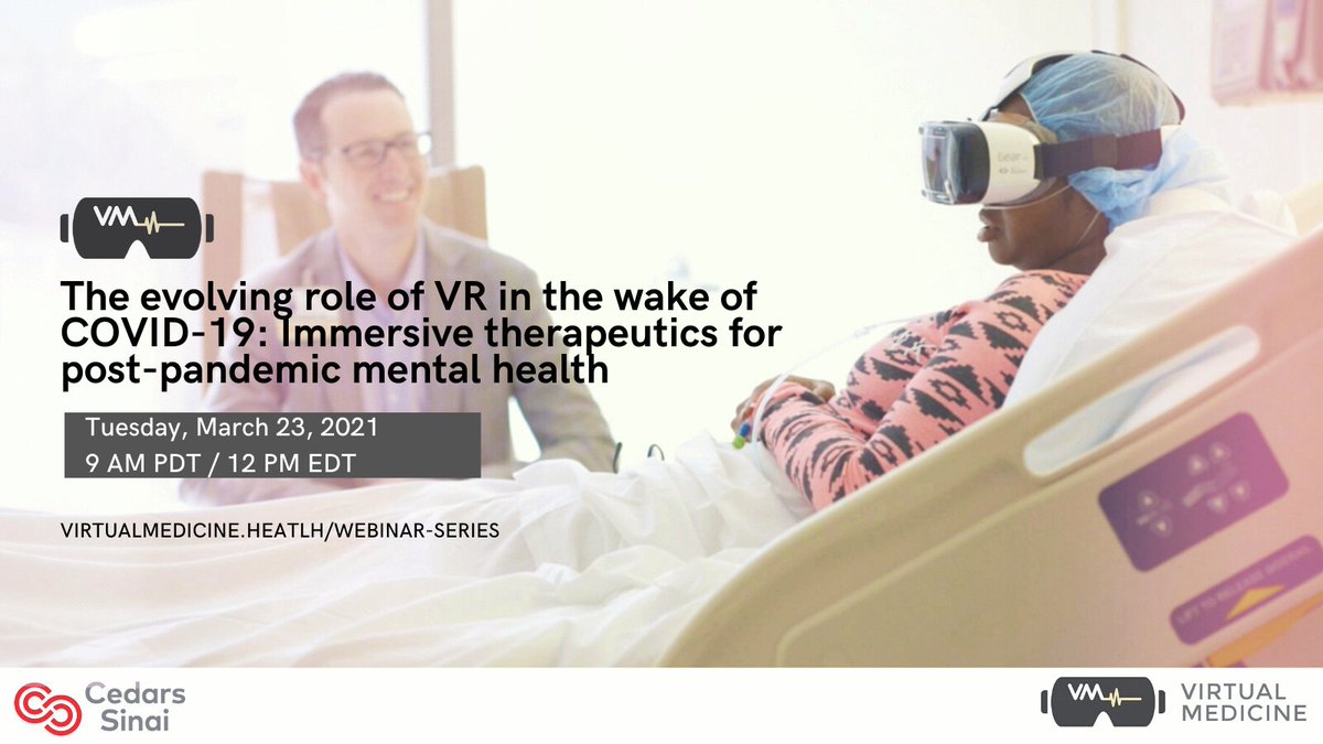 virtualmedconf's tweet photo. Join us on 3/23 9AM PDT as we explore the evolving role of immersive therapeutics for managing post-pandemic mental health.” Webinar info: https://t.co/bS3YS9qTOu #VR #VirtualReality https://t.co/e1u7TDmD5h