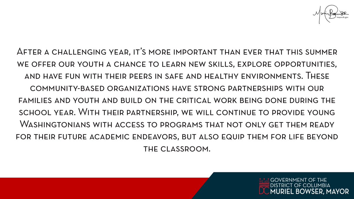 We have awarded $2.92 million to 38 community-based organizations that will support more than 2,200 District youth with access to quality summer programming.

Learn more: mayor.dc.gov/release/mayor-…