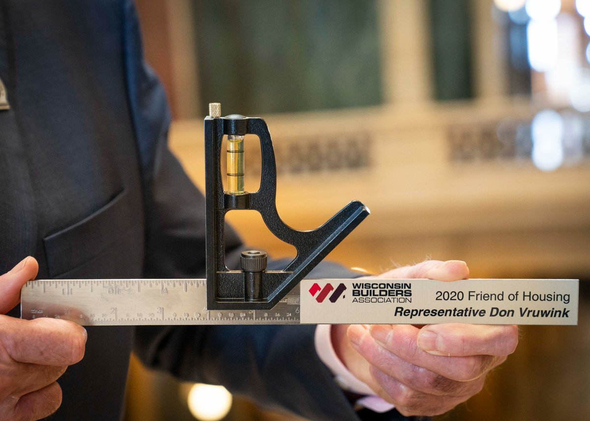 Today I was honored to accept the 2020 Friend of Housing award from the Wisconsin Builders Association, which works to reduce the cost of housing for Wisconsin families. Executive Director Brad Boycks presented the award. Note: The trophy is a level. <a href="/WiscBuilders/">Wisconsin Builders Association</a>