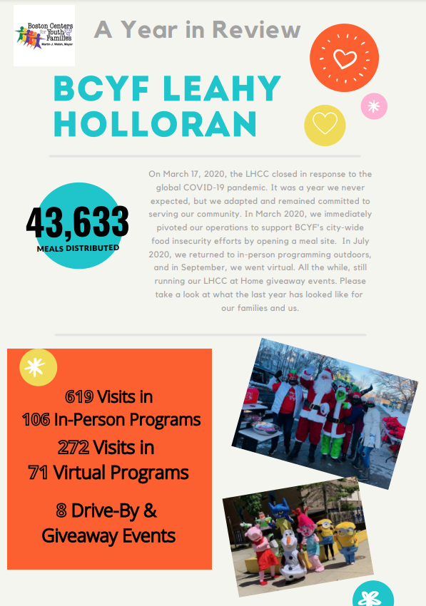 FoundationBCYF's tweet photo. This month marks 1 year since the @leahyholloran  closed in response to the global health pandemic. Jill LaMonica and her team and are proud to share all of the work they did together. Check out BCYF Leahy-Holloran's year-in-review snapshot from the LHCC. #WeAreBCYF @BCYFcenters https://t.co/gu27I0ugbL