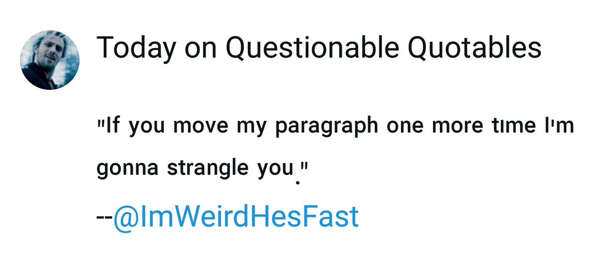 Today on Questionable Quotables

"ᴵᶠ ʸᵒᵘ ᵐᵒᵛᵉ ᵐʸ ᵖᵃʳᵃᵍʳᵃᵖʰ ᵒⁿᵉ ᵐᵒʳᵉ ᵗᶦᵐᵉ ᴵ'ᵐ ᵍᵒⁿⁿᵃ ˢᵗʳᵃⁿᵍˡᵉ ʸᵒᵘ."
--<a href="/ImWeirdHesFast/">Wanda Maximoff // Merff</a>