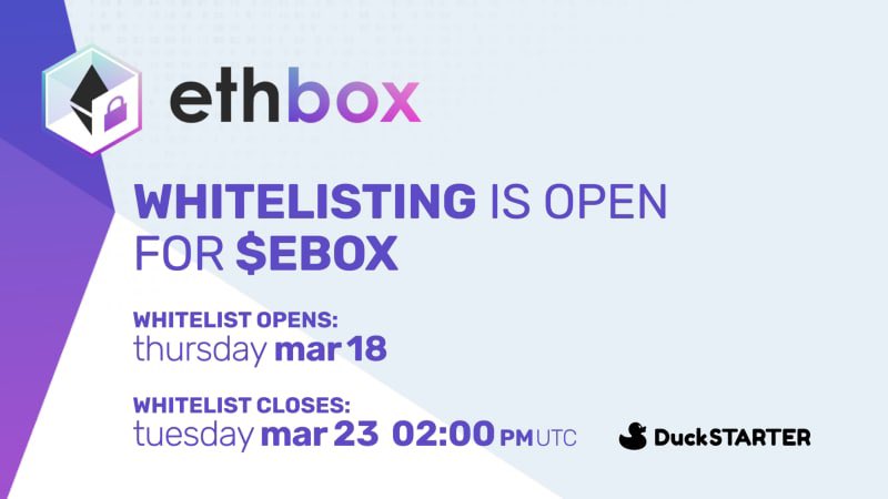 💪 DuckSTARTER Time!⚡️

The ethbox $EBOX whitelist is now open! 

Follow 
@ethbox_official

 &amp; 

<a href="/dao_duck/">DuckDAO 🐣</a>

Like, RT, and Tag 2️⃣ Friends (with a nice message)

🐥 Find out how to participate: medium.com/duckdao/ethbox…

$DUCK $EBOX #OTC #blockchain #crypto