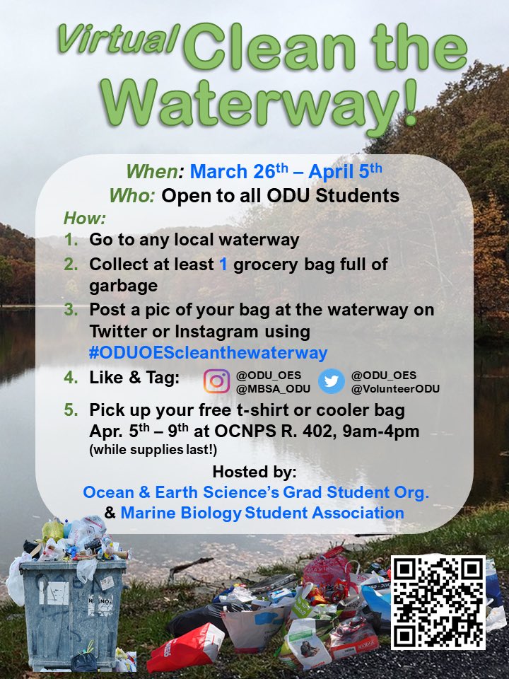 The OES GSO &amp; Marine Biology Student Association are hosting a campaign to clean up our waterways! Between 3/24-4/5, freshen up a waterway that needs a little TLC 🧹🧼 Follow these steps &amp; receive a gift for participating! <a href="/VolunteerODU/">ODU Volunteers</a> <a href="/ODUSCI/">ODU College of Sciences</a> #oduoescleanthewaterway
