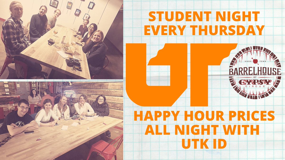 #knoxvilletn UTK Student night EVERY THURSDAY through the end of April! Happy Hour Prices for UTK students with ID all night long! And this Thursday we've got Bad Boy Drama and Kevin Nowell Spinning Tunes! #utk #utknoxville #utgreeklife #gypsycircuscider