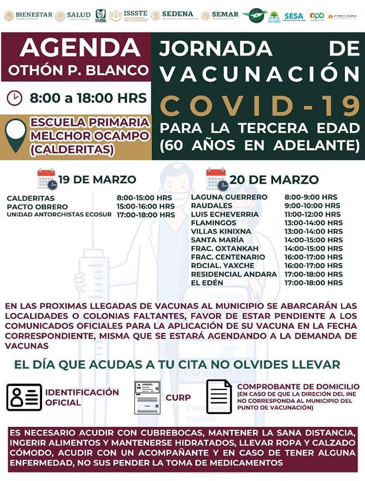 CarlosJoaquin's tweet image. Recibimos 5 mil 850 vacunas que serán aplicadas en adultos mayores de 60 años en #Chetumal del 19 al 21 de marzo. Les comparto la información con los puntos de vacunación. #PonteVIVO @SESA_QROO