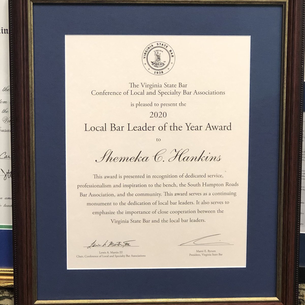 LegalDiVA757's tweet photo. Have you heard? Thereโs this pandemic going on which delayed this award #TBT to when I won Local Bar Leader of the Year from @VAStateBar CLSBA. Still humbled, honored & very appreciative. Service is something I love. #giveback #barleader #servicetotheprofession #lawtwitter https://t.co/WbNaUeCPhL