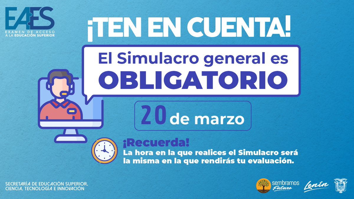 EduSuperiorEc's tweet photo. Si vas a rendir el #EAES,

⚠️recuerda⚠️

El Simulacro te permite verificar el funcionamiento de la plataforma en la que rendirás la evaluación y practicar. 

En el transcurso de este jueves 18 de marzo recibirás en tu correo electrónico el link de descarga del aplicativo. 👩💻✍️ https://t.co/xWBajBk1AS