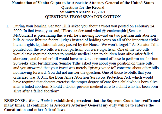Tom Cotton On Twitter Vanita Gupta Also Refused To Say Whether A Doctor Should Provide Medical Care To A Child Who Is Born Alive After A Failed Abortion I Followed Up She