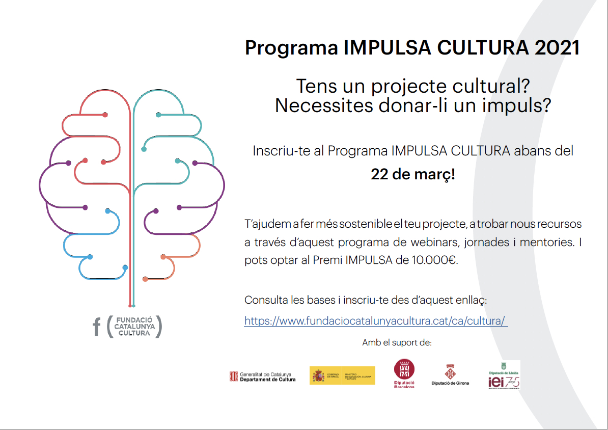 El 22/03 s'acaba el periode d'inscripció al #ProgramaIMPULSACULTURA. Aprofita aquesta oportunitat per donar un impuls al teu projecte cultural. 
Gràcies per difondre <a href="/AcademiaMusica_/">Acadèmia Catalana de la Música</a> <a href="/APdCDansa/">APdC Dansa</a> <a href="/editorscat/">EDITORS.CAT</a> <a href="/APICAPIC/">Associació d'Il·lustradors de Catalunya</a> <a href="/AADPC/">AADPC</a> <a href="/_ACEC/">ACEC Escriptors-es</a> @museolegs