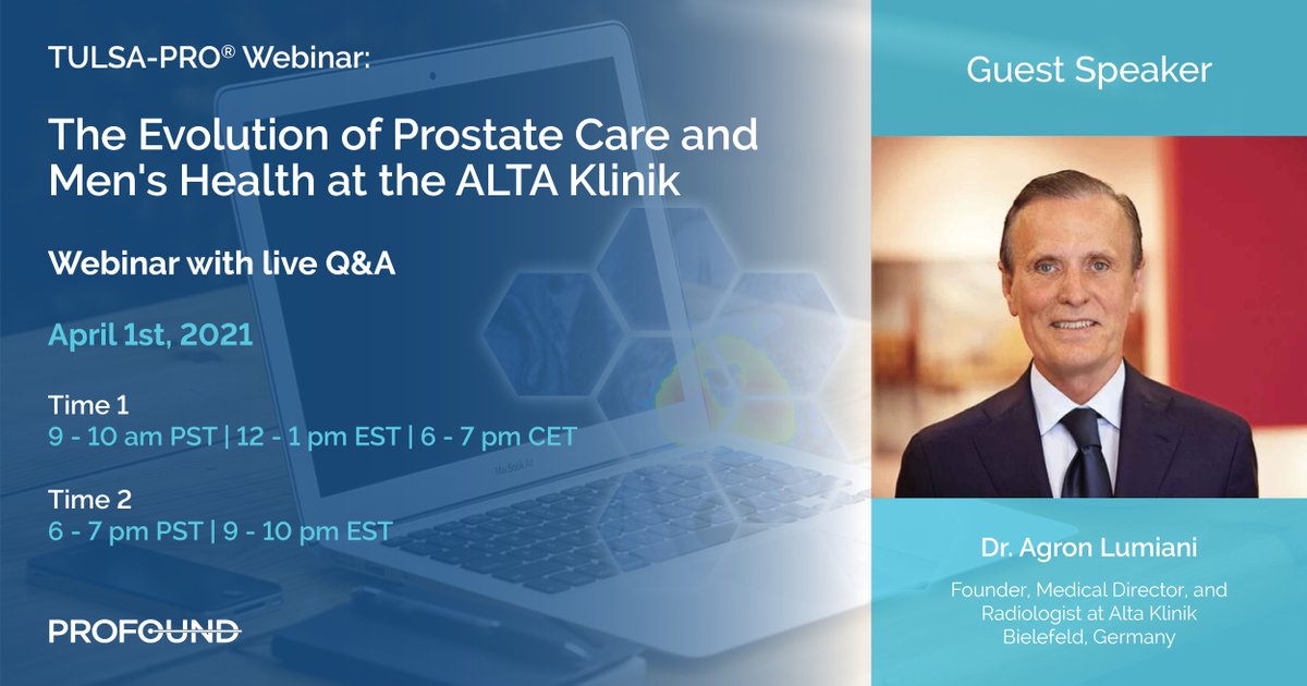 ProfoundMedical's tweet photo. 2 WEEKS OUT! Don't miss this opportunity to join our FREE TULSA-PRO® webinar and live Q&A session. Registration is still open! For more information and to register, click here: https://t.co/cd176hYJe2
#profound #profoundmedical #prostateablation #menshealth #tulsapro #webinar https://t.co/hZyqKaQAh9