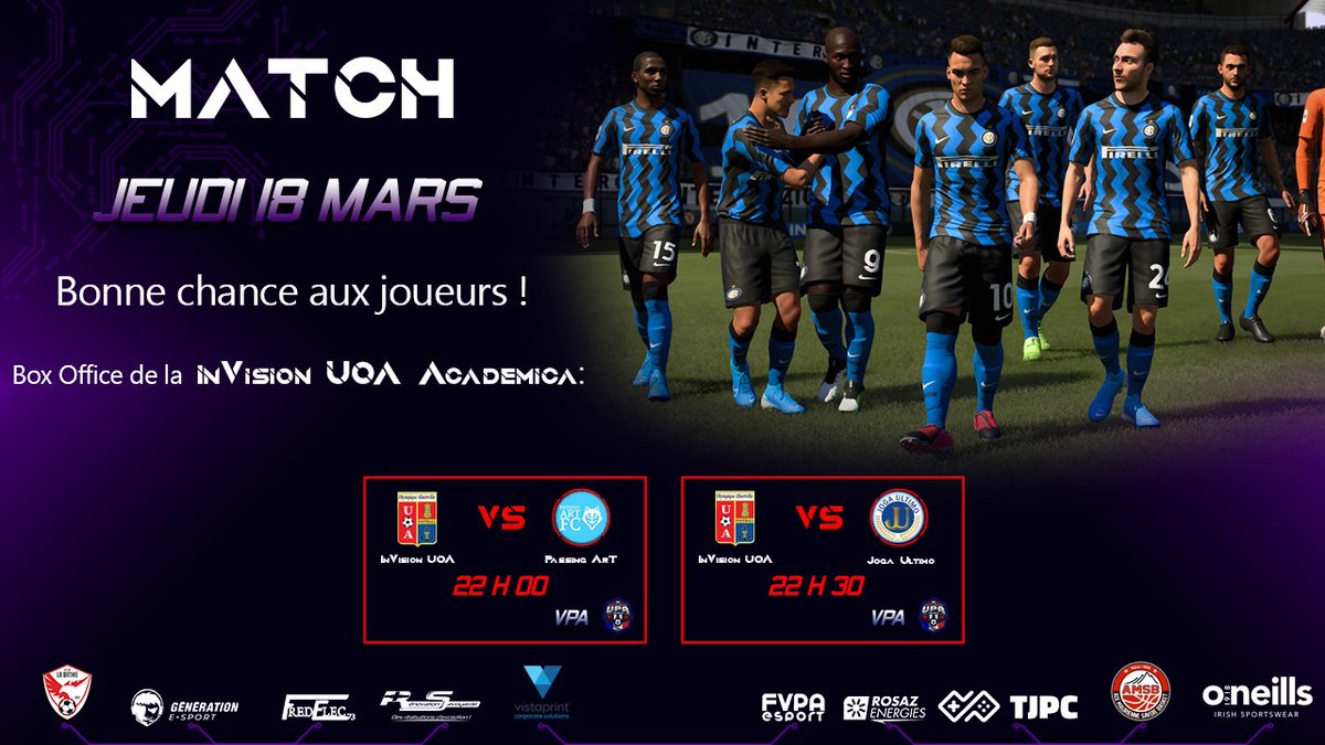 ⚽ PROGRAMME FIFA ⚽

Ce soir là @InvisionAcadem1 remet sa.
Elle affrontera deux équipes sur <a href="/VPA_France/">VPA France</a> 

Match 1: 22h00
Passing Art FC

Match 2: 22h30
Joga Ultimo

Bonne chance !