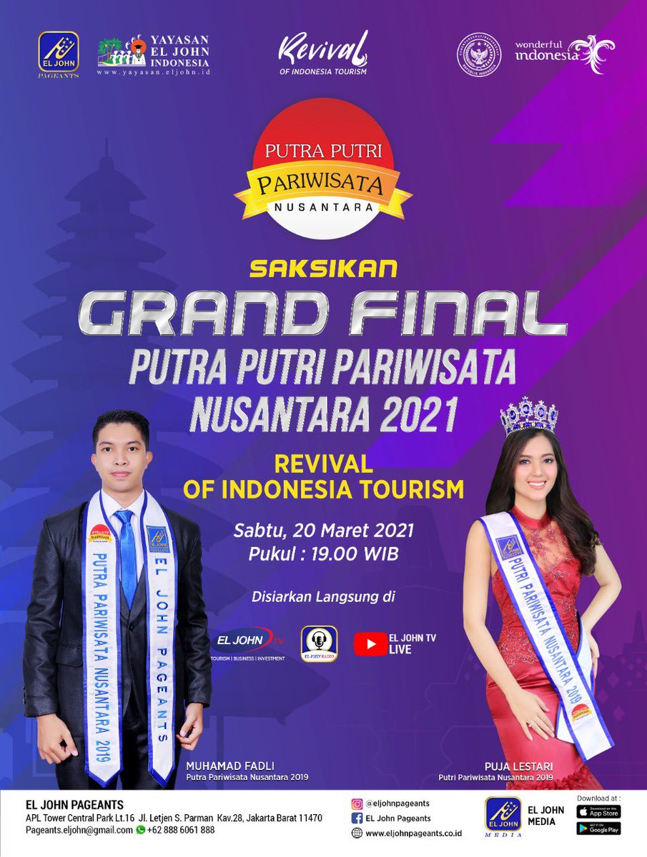 Dukung Finalis jagoan mu menuju Grand Final 
Putra Putri Pariwisata Nusantara 2021
Tanggal 20 Maret 2021
Pukul 19.00 s/d selesai 
Live di Eljohn TV 

#EljohnPageant #PPPN2021
#PutraPutriPariwisataNusantara2021
#Revivalofindonesiatourism
#karantinap3n2021
#P3n2021 #EljohnTv
