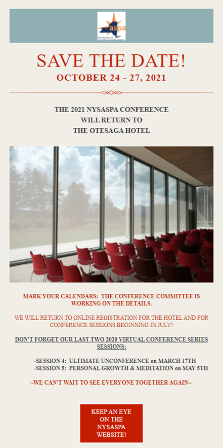 NYSASPA's tweet photo. Dear NYSASPA Members,

Please SAVE THE DATE! Our 2021 Annual Conference is scheduled to be held from Oct. 24-Oct. 27, 2021 at the historic @Otesaga. We cannot wait to learn together ... https://t.co/mhTS9WoAg6
