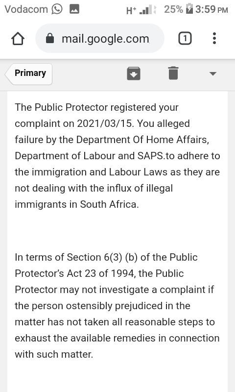 zibuseman's tweet photo. BREAKING NEWS - the request to investigate the issue of Illegal Foreigners @PublicProtector has responded, please see attached email, dear put south africans first movement, the PP has advised on process to b taken with contact details, let's do our bit and email or call 🙏🙏🙏 https://t.co/q3mixKAlTg