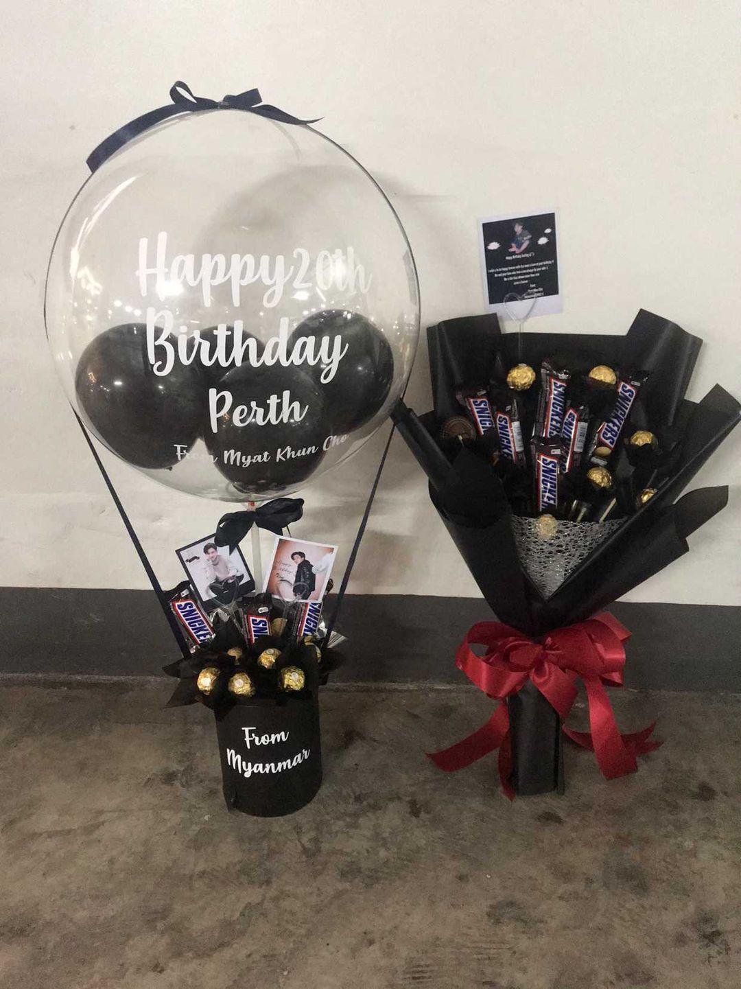 Khunn_kh🔥💥 on X: I sent your favorite color black balloon box and snack  bouquet for your 20th birthday @perthppe 🎊🎉 Finally my baby is no longer  teenager and I'm really happy to