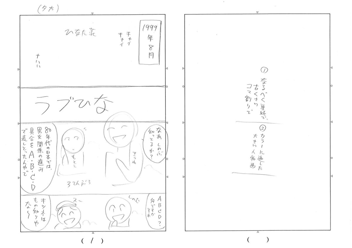 ★ネームって何?
「ネーム」とは元々は編集者用語で、フキダシの中のセリフ指定のこと。写植を作るためQ数や書体を指定(name)する。ネーム段階でも結構ストーリーがイメージできるため、下書きに入る前にネームにラフ絵を入れて検討するようになった。よって現在のネームはほぼ「絵コンテ」と同義。 