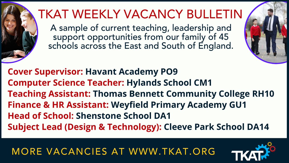 We have teaching, leadership and support vacancies at <a href="/HavantAcademy/">Havant Academy</a> <a href="/HylandsSchool/">Hylands School</a> <a href="/thomasbennettcc/">Thomas Bennett Community College</a> <a href="/WeyfieldA/">Weyfield Primary Academy@WeyfieldSchool</a> <a href="/SchoolShenstone/">Shenstone School</a> and <a href="/cleeveps/">Cleeve Park School</a> 
Please visit our website tkat.org to learn more. #TKATFamily <a href="/TKAT_HR/">TKAT People & HR Team</a>
