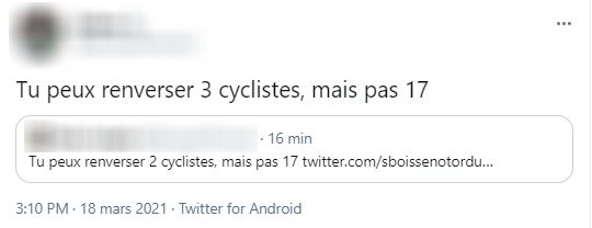 n°234
Jeu de la surenchère, sur fond de #ViolenceMotorisée.
(En lien avec le drame survenu le 17/03/2021, un groupe de cyclistes a été fauché par une automobiliste.)