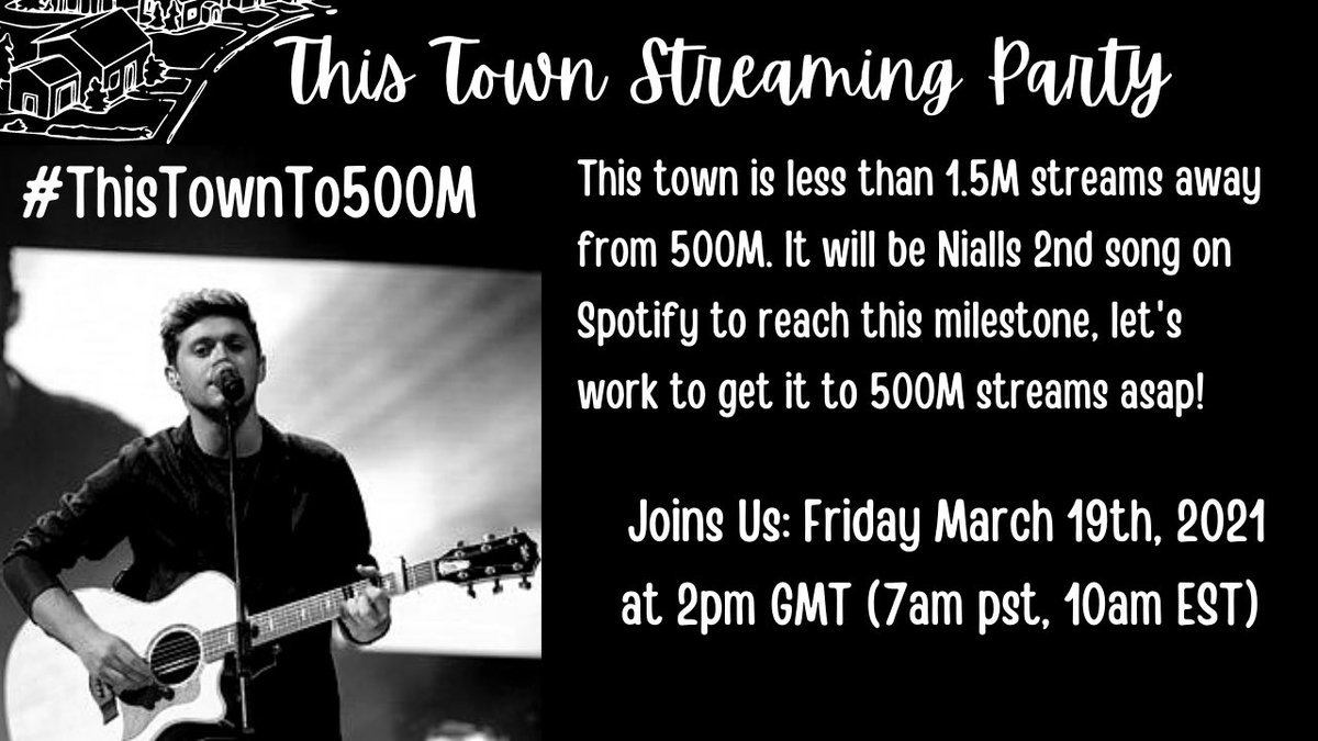 nhstreamupdates's tweet photo. Announcing the #ThisTownTo500M streaming party! 

Join us tomorrow March 19th at 2pm GMT (7am pst, 10am Est,) for a special sp to help this town make it to 500M streams on @Spotify! 

Pls retweet to spread, let’s do this for Niall ❤️#NiallHoran

Playlist: 
https://t.co/lM8hAaiPNT https://t.co/G7G4uCDARm