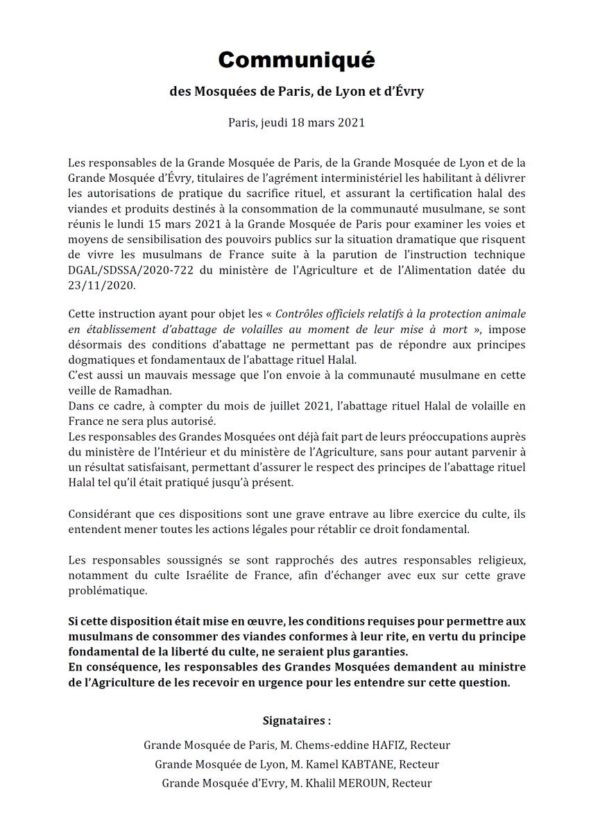 mosqueedeparis's tweet photo. COMMUNIQUÉ - Les Grandes Mosquées de Paris, de Lyon et d'Évry s'inquiètent vivement d'une récente instruction ministérielle qui pourrait conduire à l'interdiction de l’abatage de volailles selon le rituel Halal : https://t.co/3jb764Fbnl