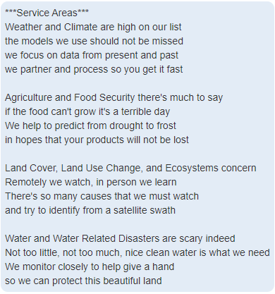 simonestaiger's tweet photo. The best @SERVIRGlobal poem ever on our service areas. Congrats to Billy Ashmall @BillyZ313 , GIT software development lead. #SAGE2021 Thanks to @BZgeo for getting SERVIR community to rhyme :-) https://t.co/jwgH5rEqwr