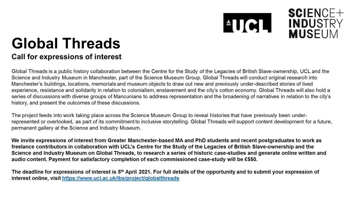 greater manchester based postgraduates, come and work with @sim_manchester and @LBS_at_UCL on Global Threads, a new, collaborative public history research project. more details here ucl.ac.uk/lbs/project/gl…