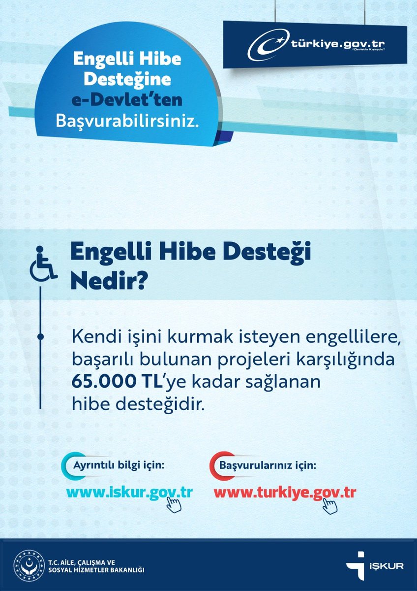 Engelli Hibe Desteği başvuruları devam ediyor. 

🔗Ayrıntılı bilgi için; bit.ly/3vAPrY9

🔗Başvuru için; turkiye.gov.tr