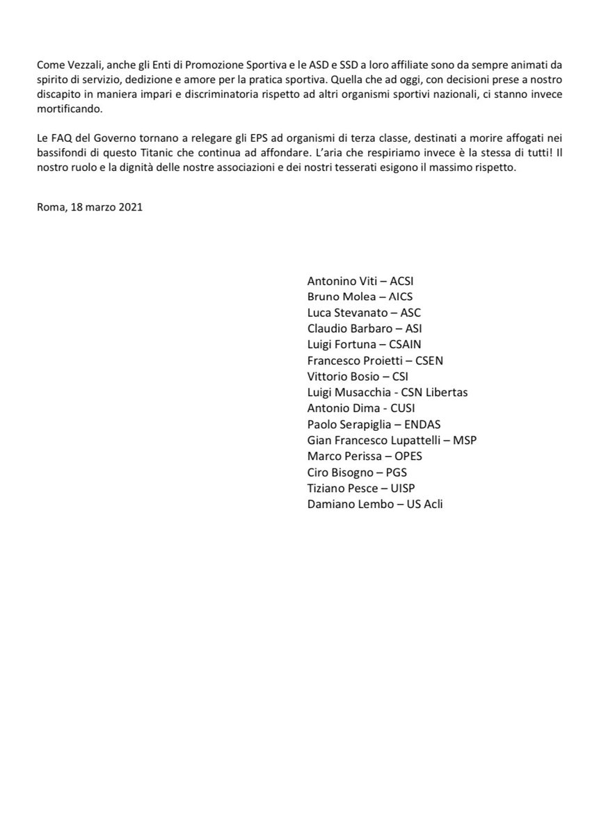 Uisp Nazionale (@uispnazionale) on Twitter photo Comunicato unitario degli Enti di Promozione sportiva: non siamo passeggeri di terza classe! Forte appello a <a href="/VVezzali/">Valentina Vezzali</a>: il Governo continua a farci intendere che un atleta con doppia tessera rischia il contagio solo con noi, non con gli altri uisp.it/nazionale/pagi… Comunicato unitario degli Enti di Promozione sportiva: non siamo passeggeri di terza classe! Forte appello a <a href="/VVezzali/">Valentina Vezzali</a>: il Governo continua a farci intendere che un atleta con doppia tessera rischia il contagio solo con noi, non con gli altri uisp.it/nazionale/pagi…