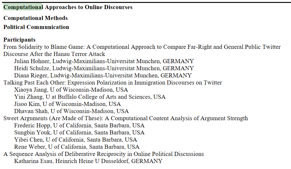 ica_cm's tweet photo. 📢the *draft* #ica21 program for #ComputationalCommunication researchers!
Computational Approaches to Online Discourses 👇 https://t.co/0CSJ1ipX71