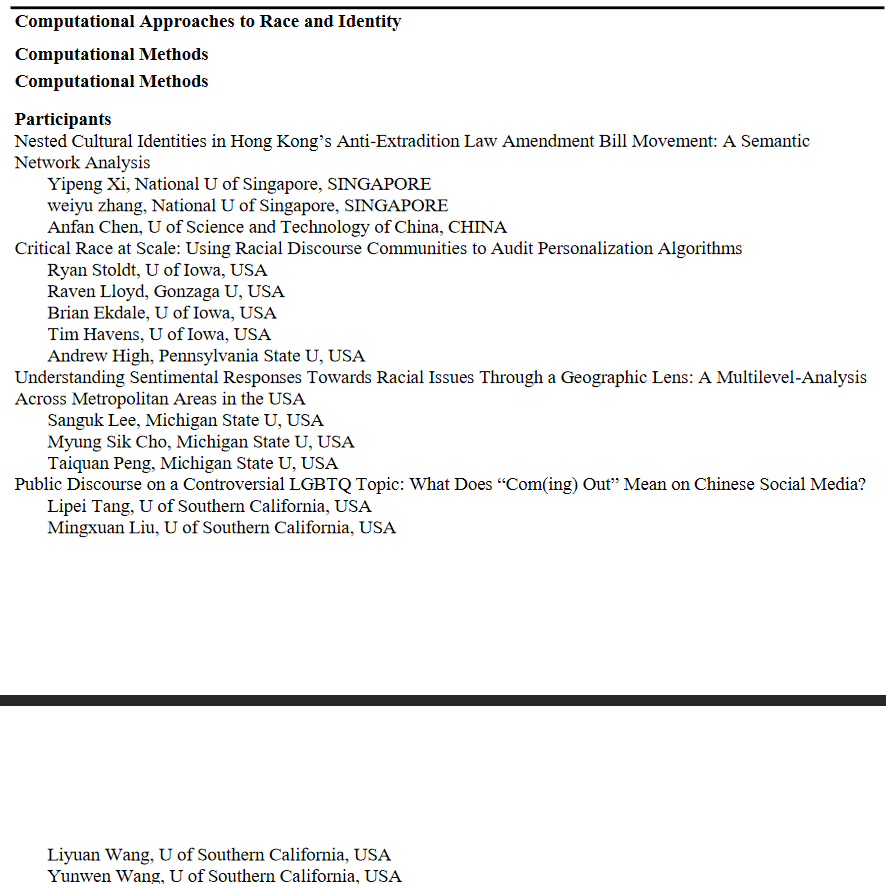 ica_cm's tweet photo. 📢the *draft* #ica21 program for #ComputationalCommunication researchers!
Computational Approaches to Race and Identity 👇 https://t.co/LdVGdLIzFm
